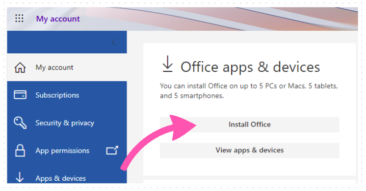 Screenshot of the Microsoft Account page showing the location of the Install Office button.