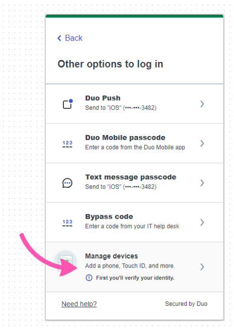 Duo Options highlighting Manage devices