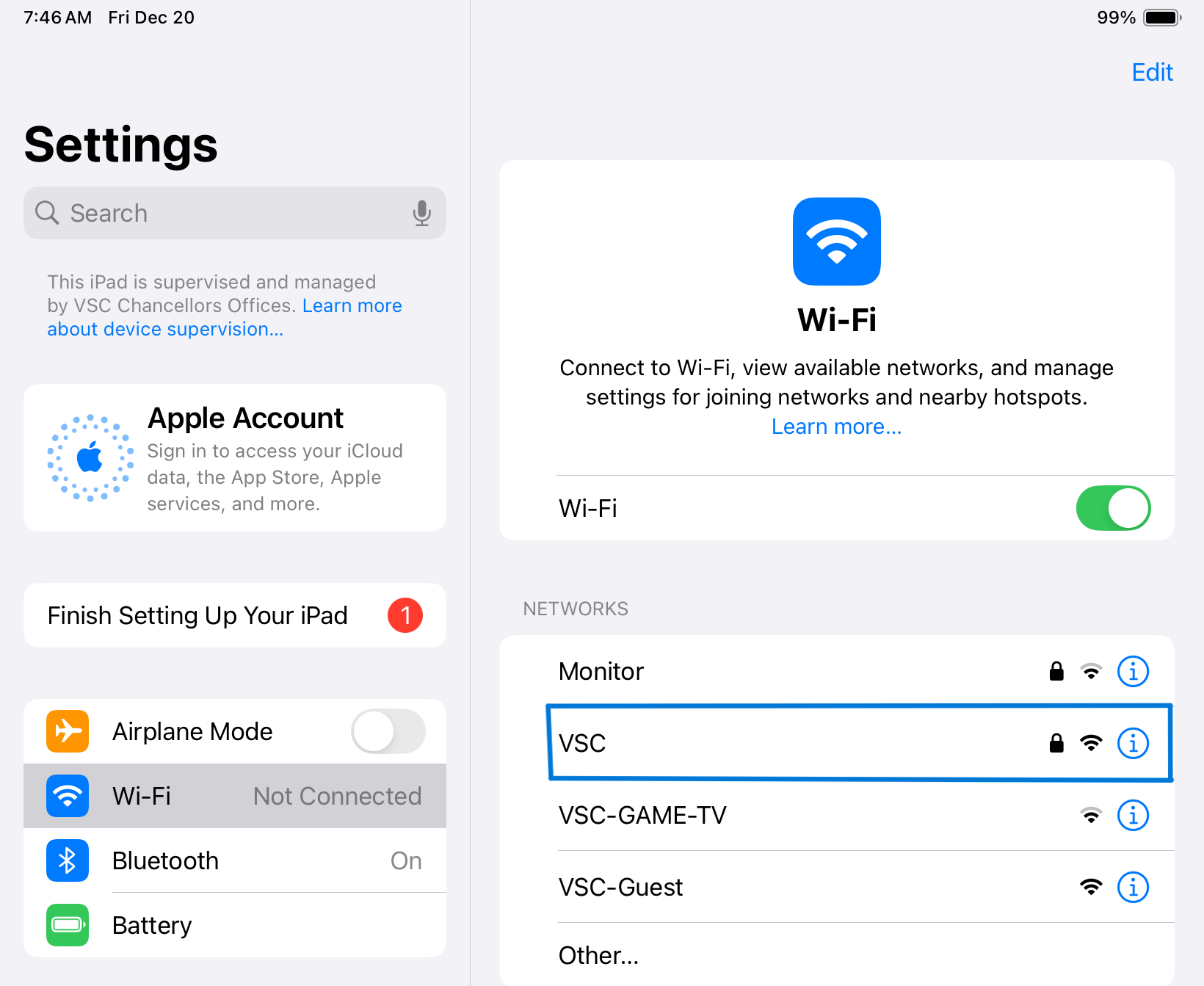 The Settings menu on an iOS device showcasing the Wifi menu options