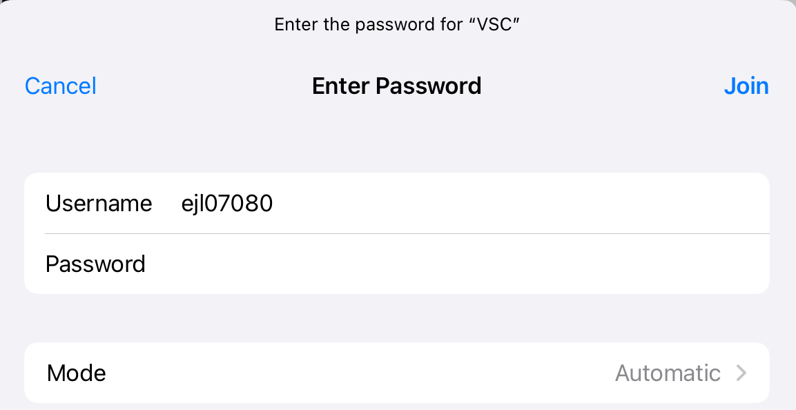 The username and password prompt shown when connecting to a wifi network on iOS