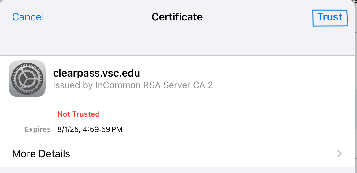 The prompt to trust the certificate when connecting to a wifi network on iOS