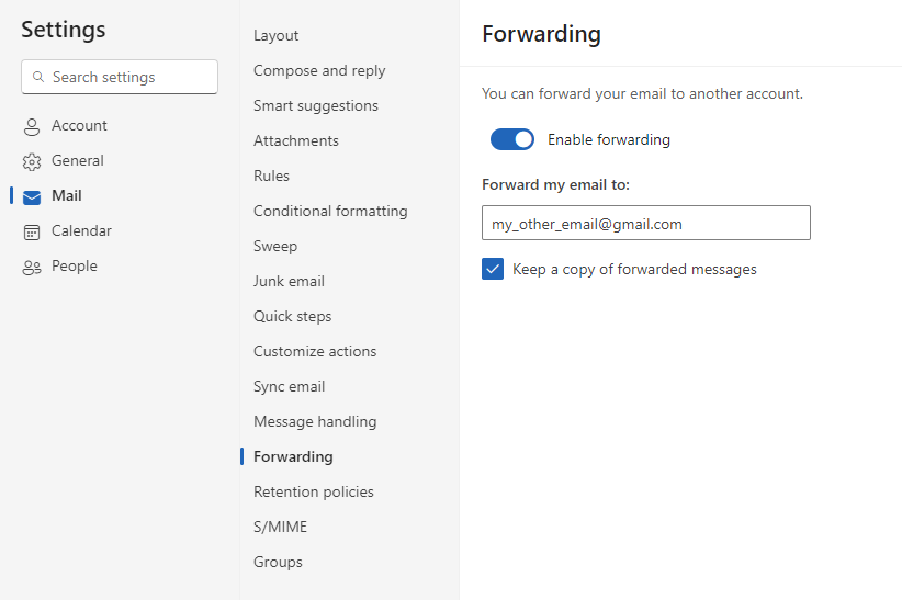 Settings page highlighting the Mail menu, Forwarding sub-menu, and Forwarding settings: Enable forwarding toggle, input field, and keep messages checkbox.