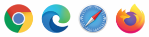 Logos for common web browsers: Chrome, Edge, Safari, and Firefox.