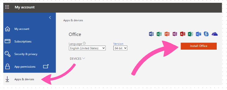 Microsoft account page, Apps & devices tab, highlighting the location of the "Install Office" button