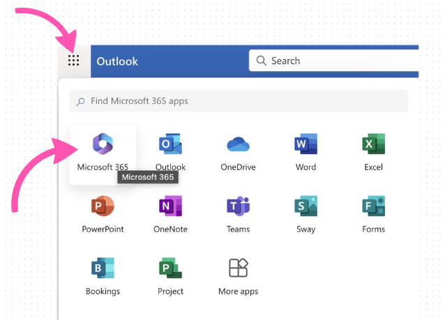 Outlook highlighting the nine dots in the upper left corner and link to Microsoft 365 which is the first app displayed.