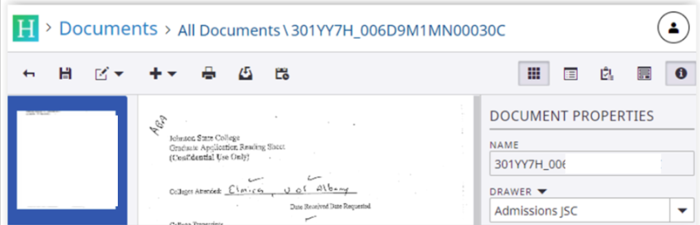 User interface displaying the three sections: thumbnails on the left, the page view in the center, and properties on the right.