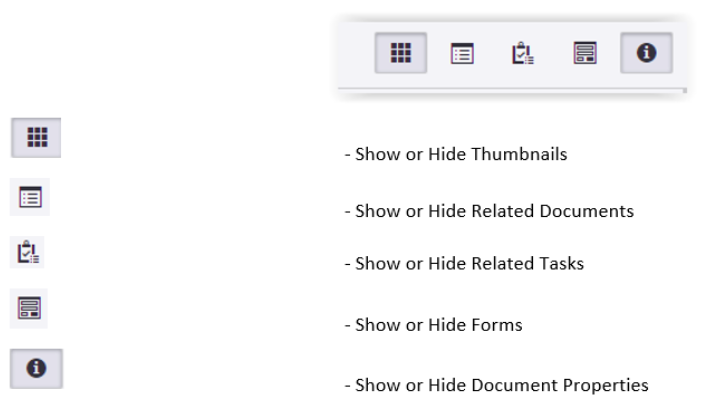 Document properties toolbar icon functions:
Nine squares in a grid is Show or Hide Thumbnails.
Three dots and lines in a box is Show or Hide Related Documents.
Clipboard with a checkmark is Show or Hide Related Tasks.
Square with various rectangles with curved corners inside is Show or Hide Forms.
The letter i in a circle is Show or Hide Document Properties.