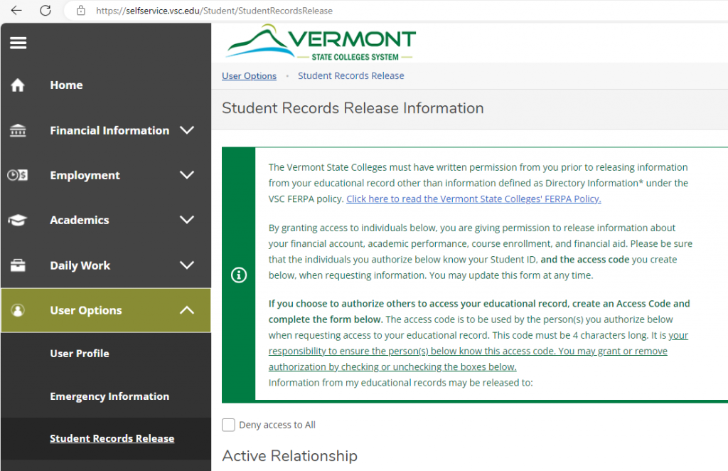 Student Records Release location on Self-Service