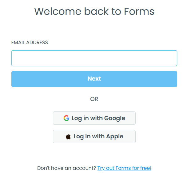 FormStack login page showing the Email Address field and the Next button.