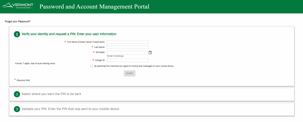 Screenshot of the password and account management portal highlighting identify information needed for password reset.