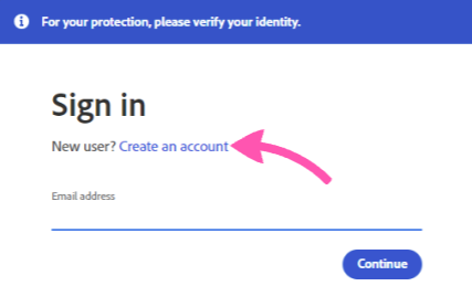Location of the "create an account" link after "New user?" and above the email address field.
