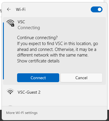 Prompt with the text: 
Continue connecting?
If you expect to find VSC in this location, go ahead and connect Otherwise, it may be a different network with the same name.
