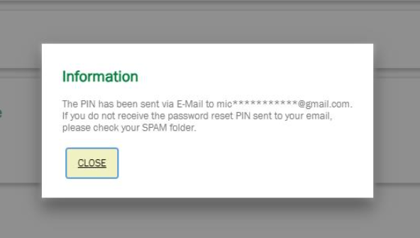 Example PIN to email message:
The PIN nas been sent Vla E-Mall to • • • • • • • • •@gmail.com.
If you do not recerve the password reset PIN sent to your email.
please check your SPAM folder,