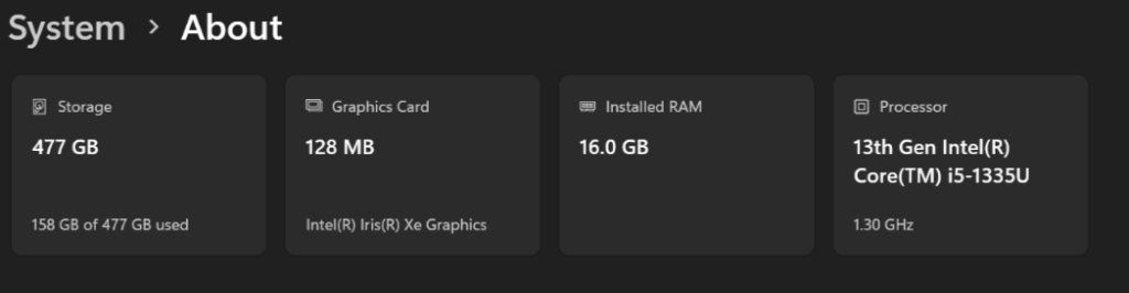System > About menu with information on Storage, Graphics Card, Installed RAM, and Processor
