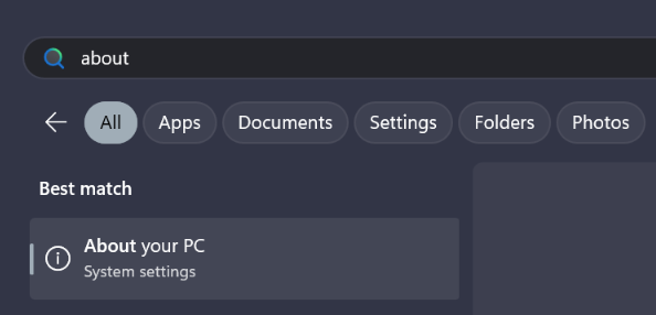 Windows Start menu highlighting About your PC