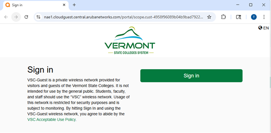 The VSC-Guest sign in page, featuring a Sign In button that will connect your device to the VSC-Guest network