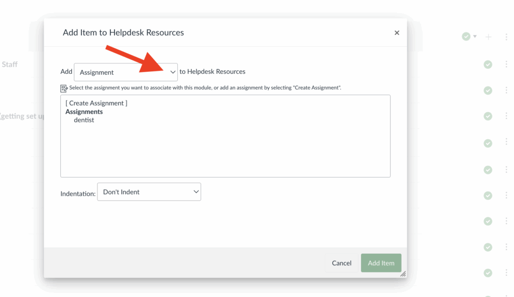 Image showing how to select from a dropdown menu of Canvas Module items.