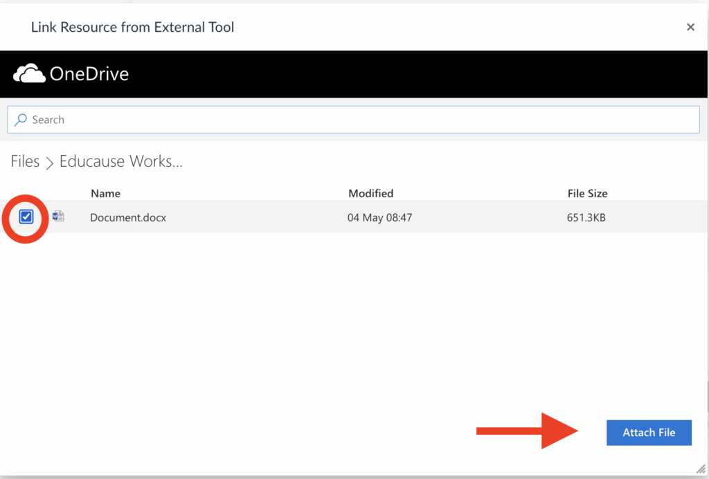 Image showing how to select and attach a OneDrive file.