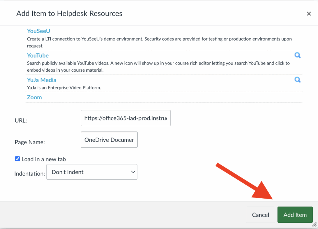 Image showing where the selected OneDrive file can be given an amended Page Name and formally added to a Canvas Module.