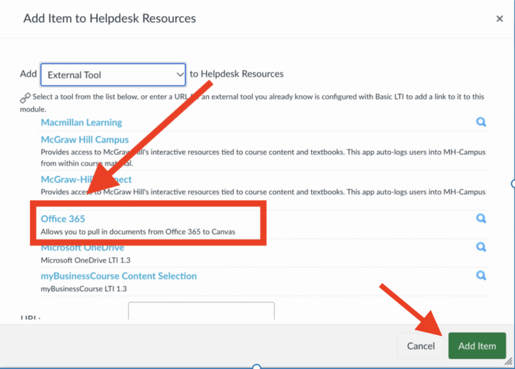 Image showing how to select and add the Office 365 item from the list of External tools.