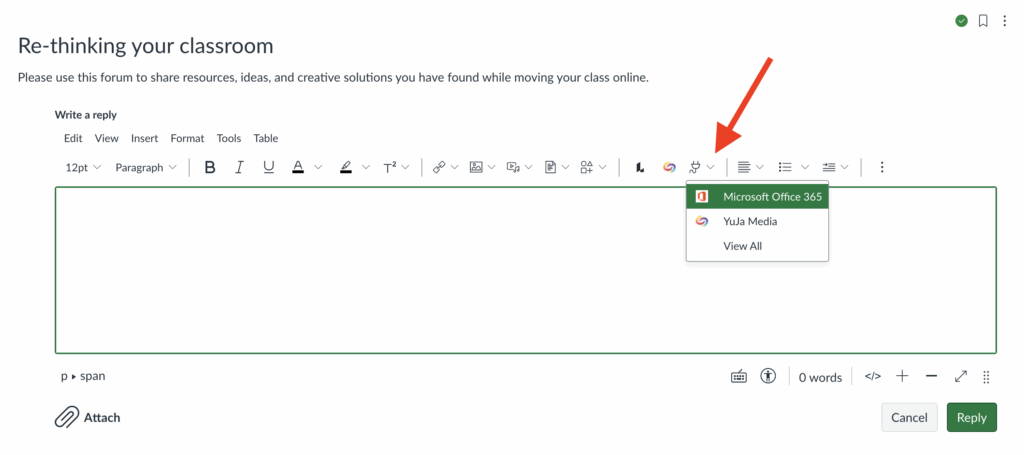Image showing how to select Microsoft Office 365 content from the rich content editor in a Canvas Discussion response.