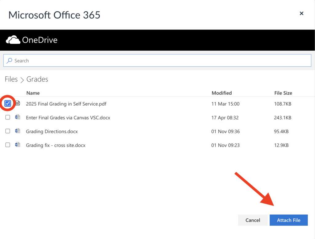 Image showing how to select and attach a OneDrive file.