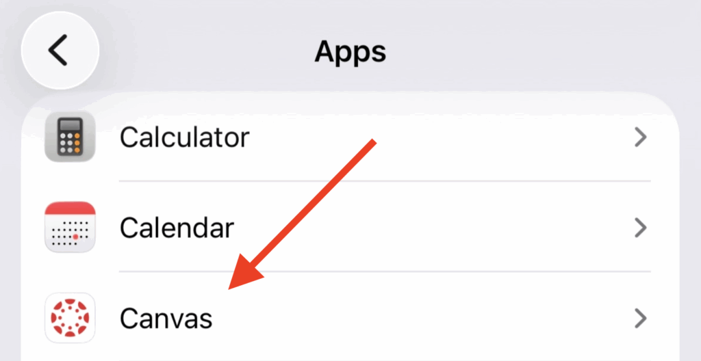 iOS Apps view with arrow indicating the Canvas app.