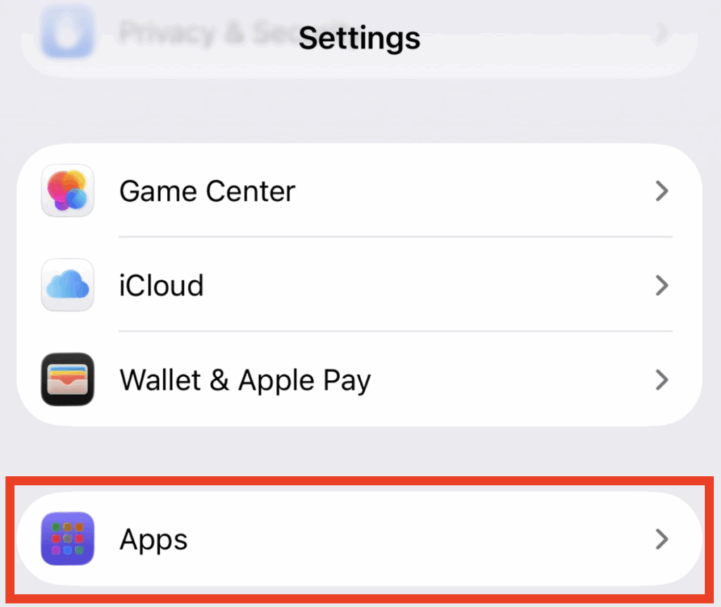 iOS Settings view with box indicating Apps.