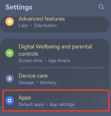 Android device Settings view with box indicating Apps.