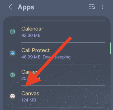Android Apps view with arrow indicating the Canvas app.