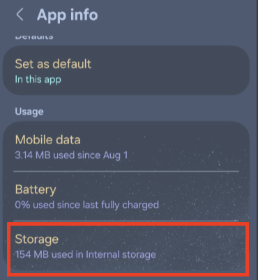 Canvas app settings view with box indicating where to find Storage.