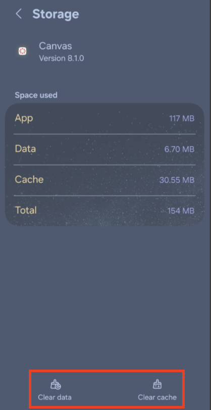 Canvas Storage settings view with box indicating where to Clear data and cache.