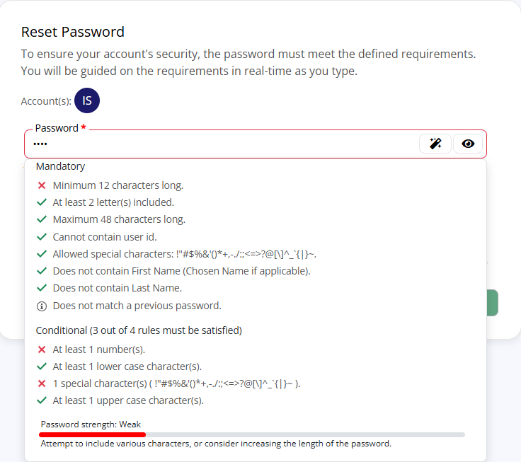 The VSC Password Reset form, showing the password complexity rules