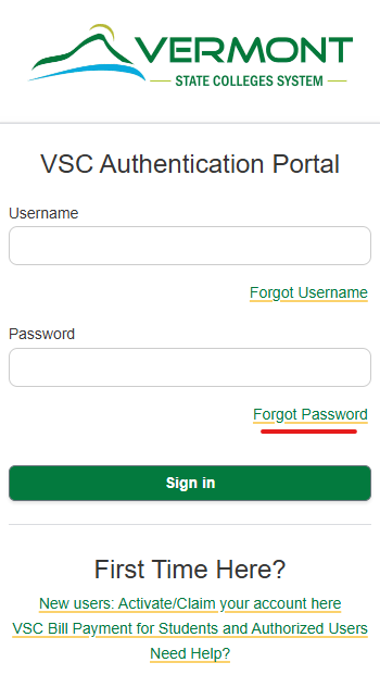 The VSC login page, highlighting the Forgot Password link