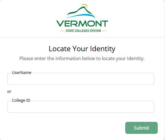 The VSC password reset tool, highlighting the first step in the process, which is entering which account you would like to manage