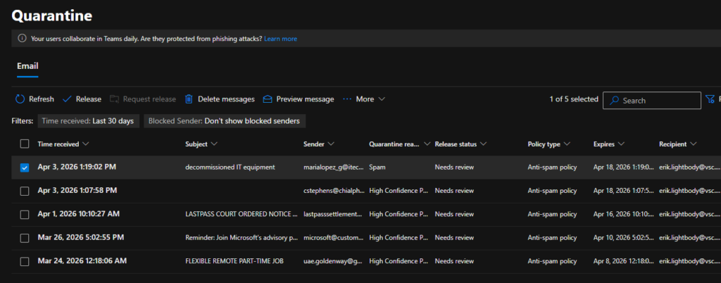 A screenshot of the quarantine website, highlighting the actions that can be taken on malicious messages 