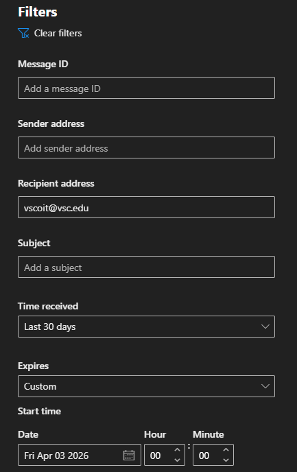 A screenshot of the Filter options on the quarantine website