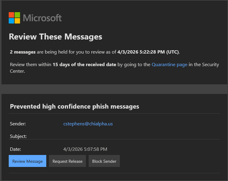A screenshot of Microsoft's quarantine alert email