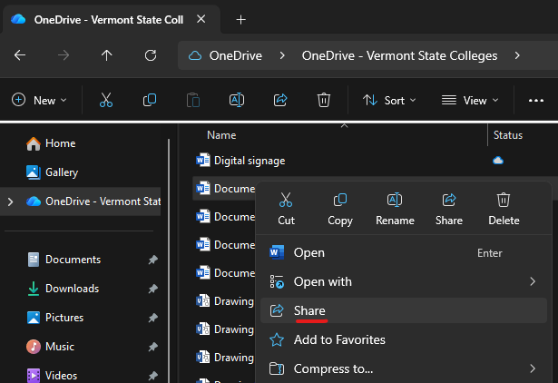 A screenshot showing the Share option found by right-clicking a file in OneDrive