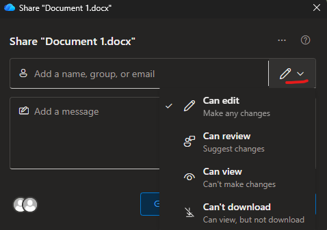OneDrive sharing, highlighting the quick access permission setting